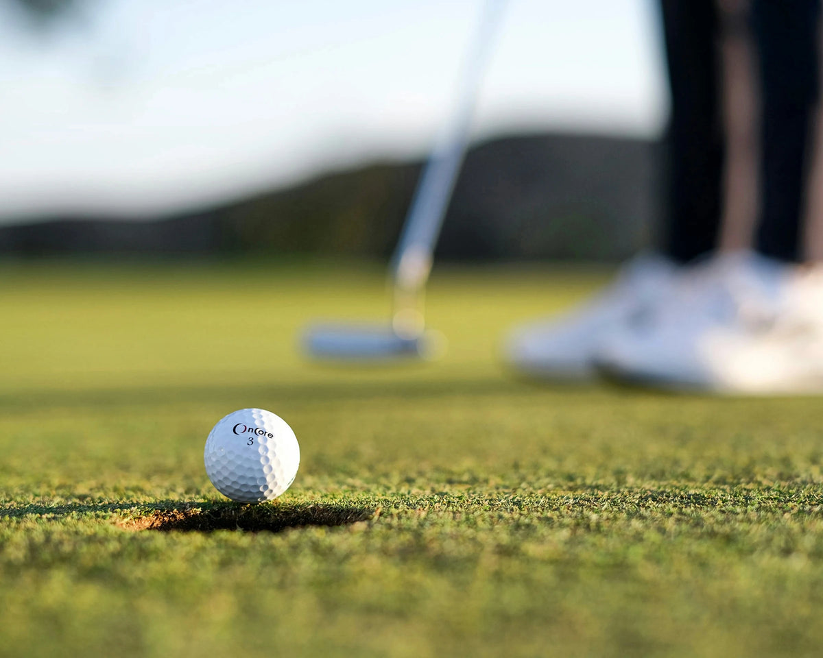 Golf ball and putter on the green, detail of a putting stroke