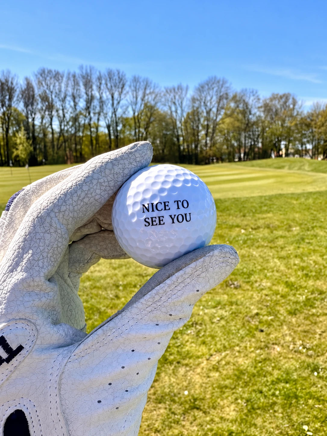 A golfer holding a personalized golf ball on the course