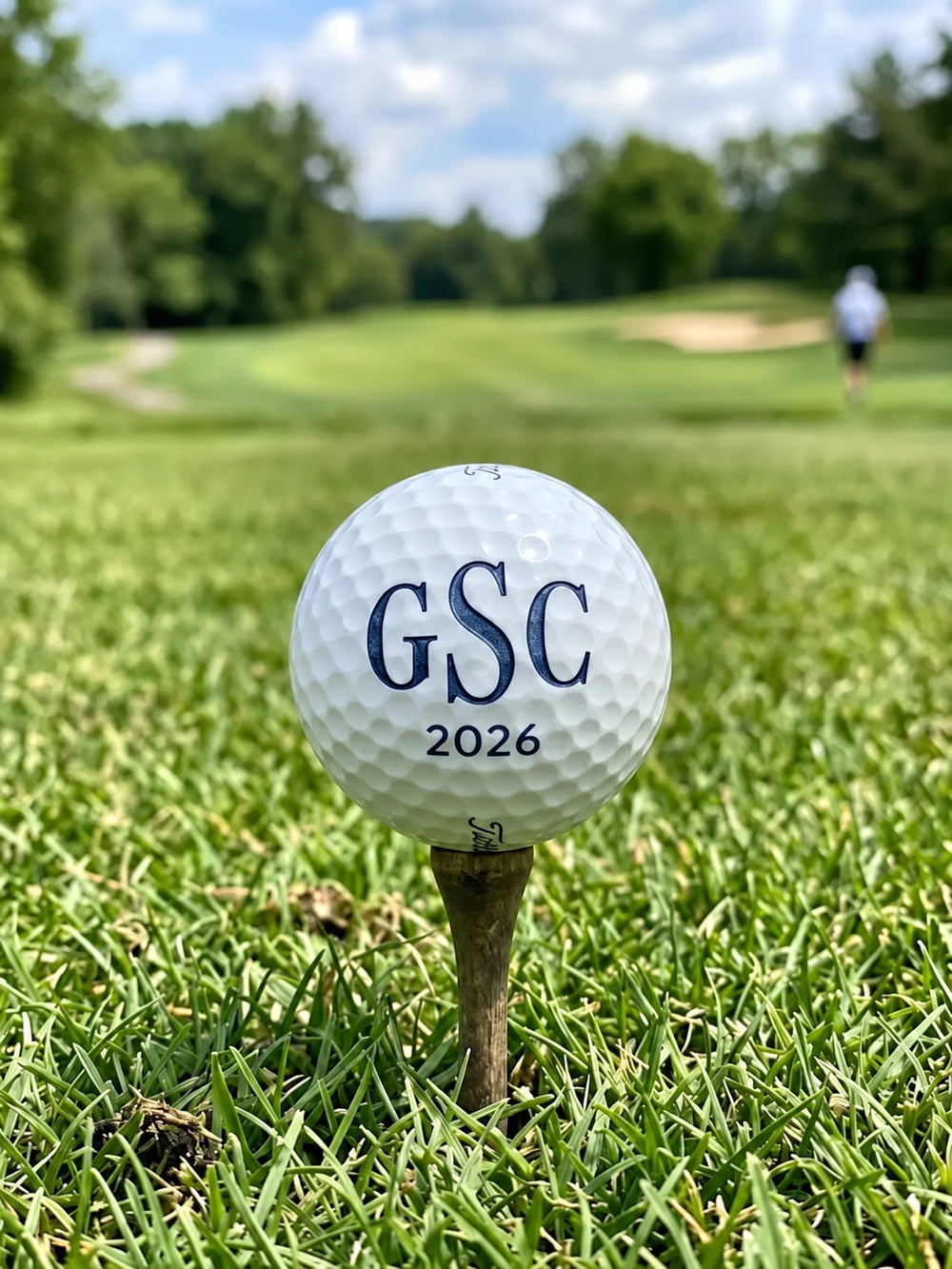 Golf ball on a wooden tee showing a navy GSC monogram and 2026